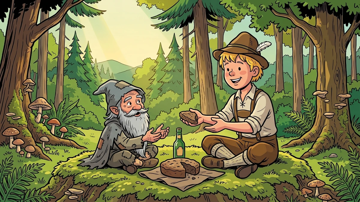 Dummling shares his ash-cake and sour beer with the little gray man on a forest path - The Golden Goose KHM 64