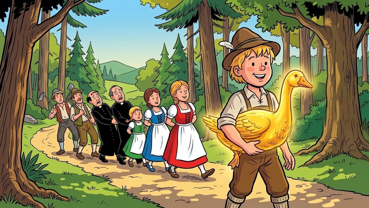 The innkeeper's three daughters in red, blue and green dirndls are stuck fast to the golden goose at night while Dummling sleeps