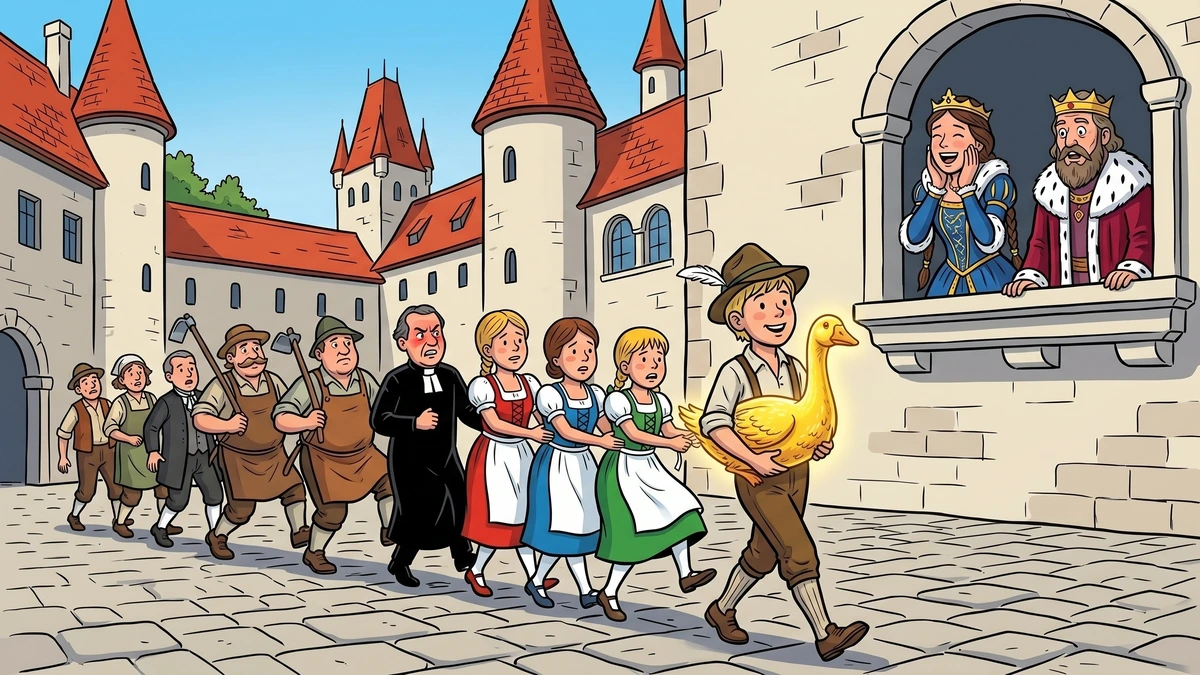 The princess at the castle balcony window laughs for the first time at the absurd parade of stuck people following Dummling and the golden goose