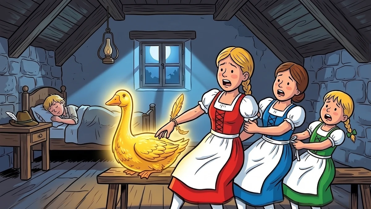 Dummling and the princess at their wedding in the great hall of the Bavarian castle, the king blessing them and the little gray man watching from the side