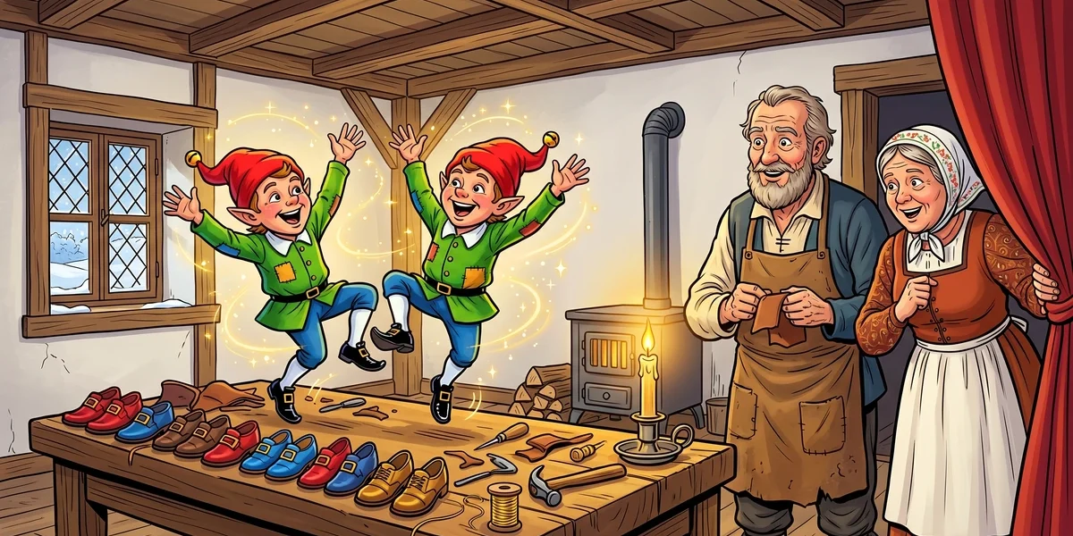 The Elves and the Shoemaker — cover illustration of the Brothers Grimm tale (KHM 39, Die Wichtelmänner)