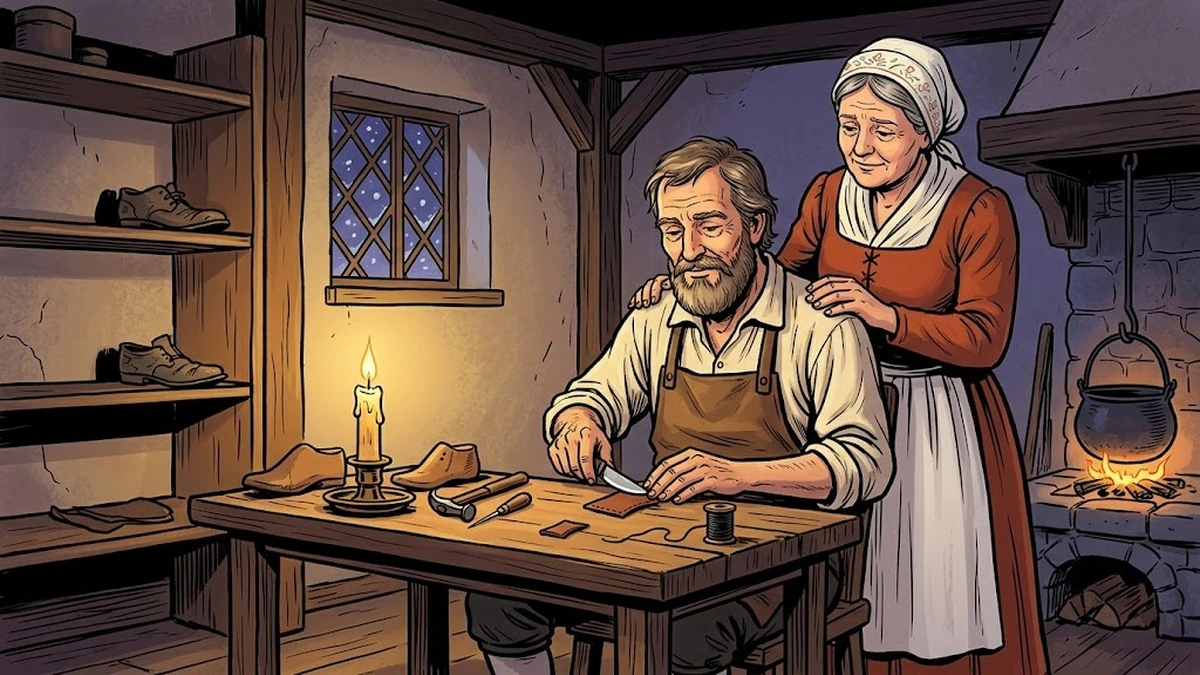 The poor German shoemaker cuts his last piece of leather in his candlelit workshop while his wife rests her hand on his shoulder