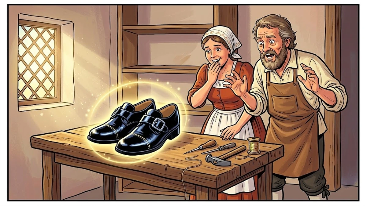 A pair of magically perfect shoes glows on the cobbler bench at dawn while the astonished shoemaker and his wife look on in wonder