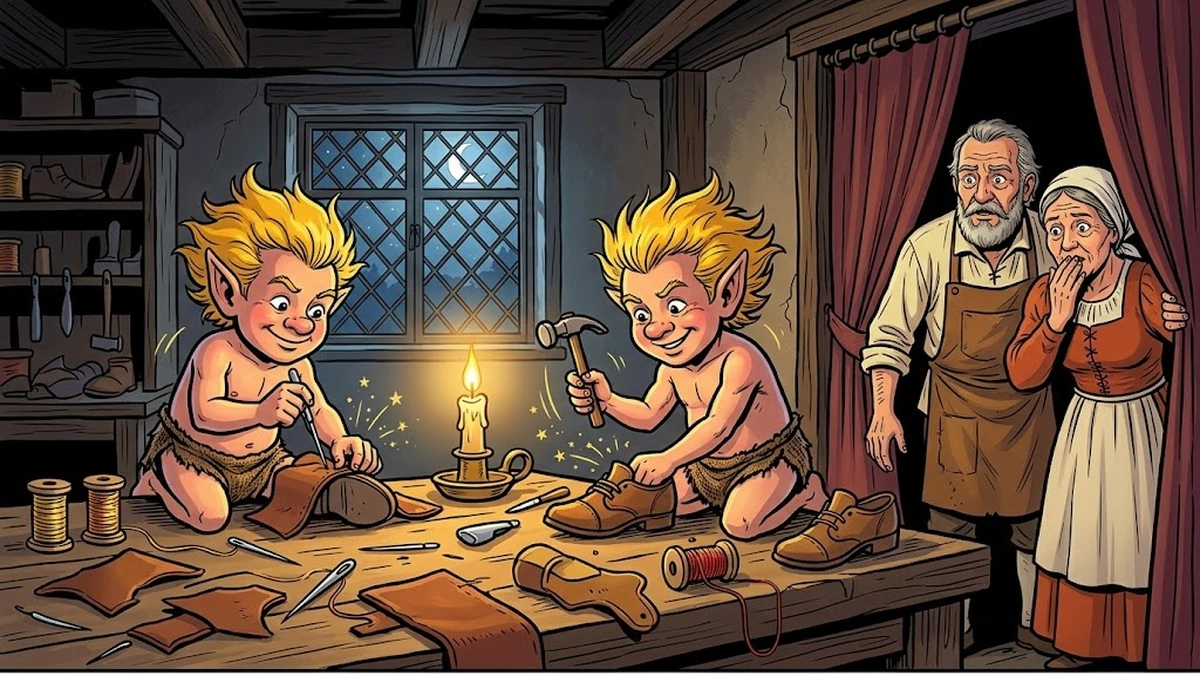 Two tiny elves work the leather at impossible speed at midnight while the shoemaker and his wife peek out from behind a curtain