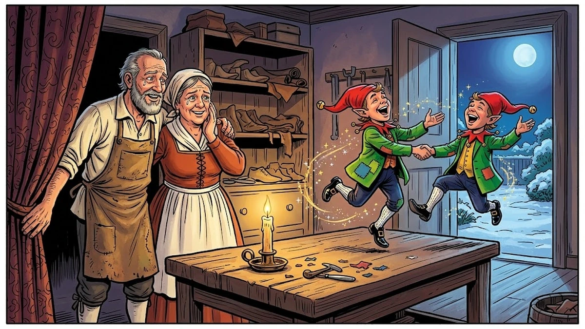 The two elves, now dressed in tiny new clothes, dance joyfully out of the workshop forever as the cobbler and his wife smile through their tears