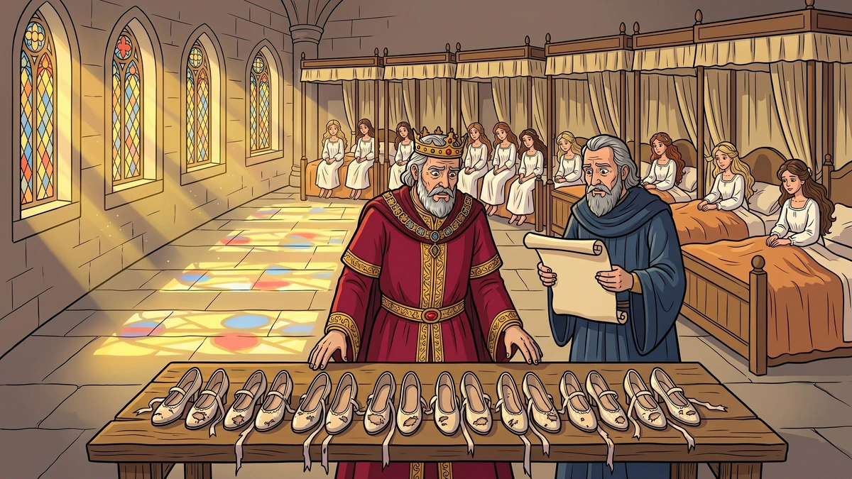 A worried king discovers twelve pairs of dancing slippers worn through to the soles, with his twelve daughters watching from their canopy beds