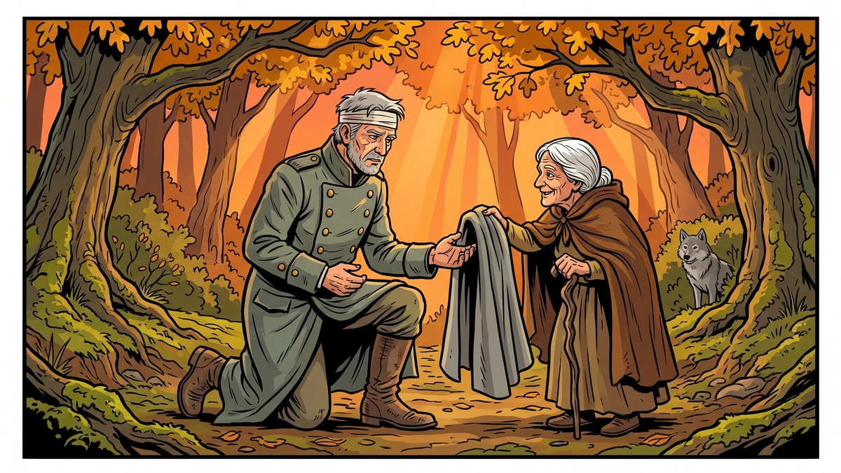 A wounded older soldier kneels in an autumn forest to receive the cloak of invisibility from a wise old white-haired woman