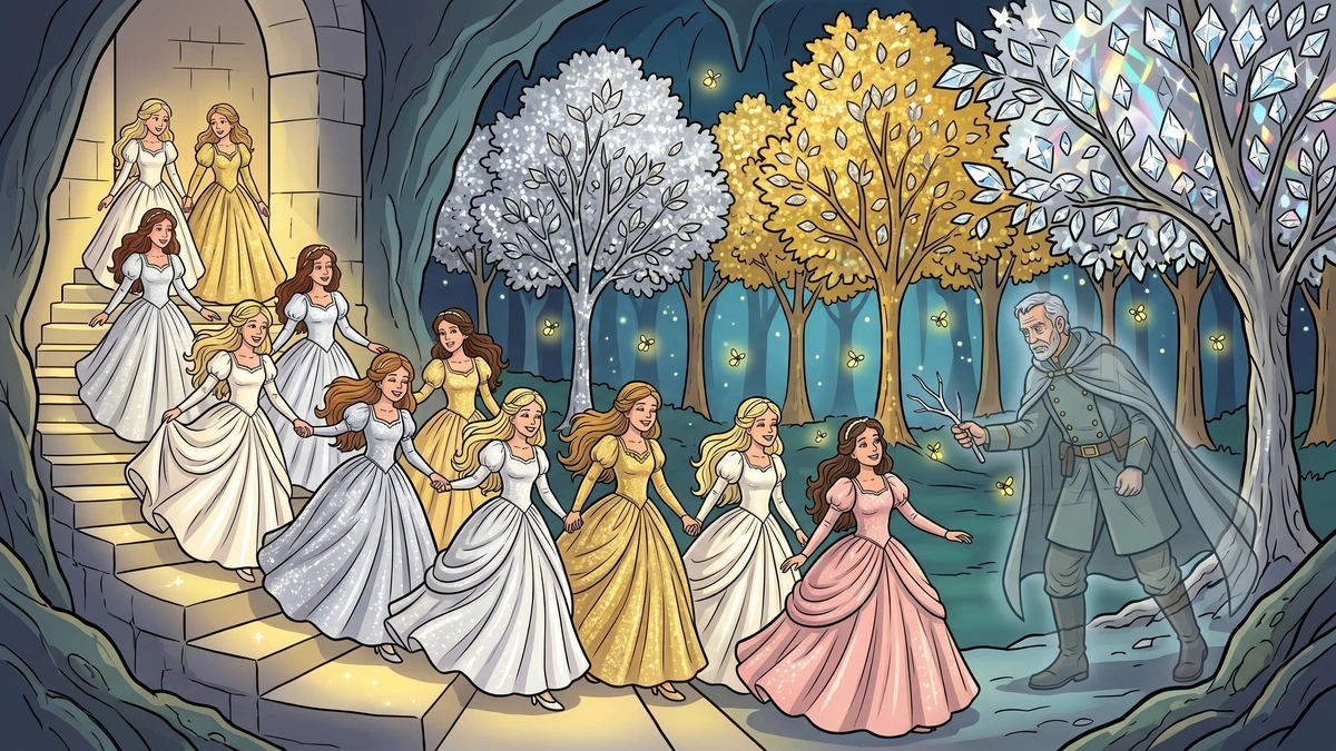 The twelve princesses descend the secret stone staircase into the magical underground forest of silver, gold, and diamond trees, with the soldier following invisibly behind