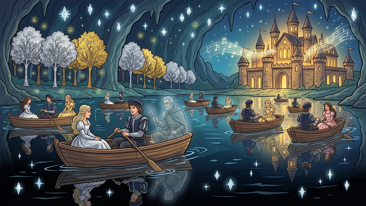 Twelve enchanted princes row twelve small wooden boats across an underground black mirror lake toward the glowing castle of the dancing, with the invisible soldier riding in the lead boat