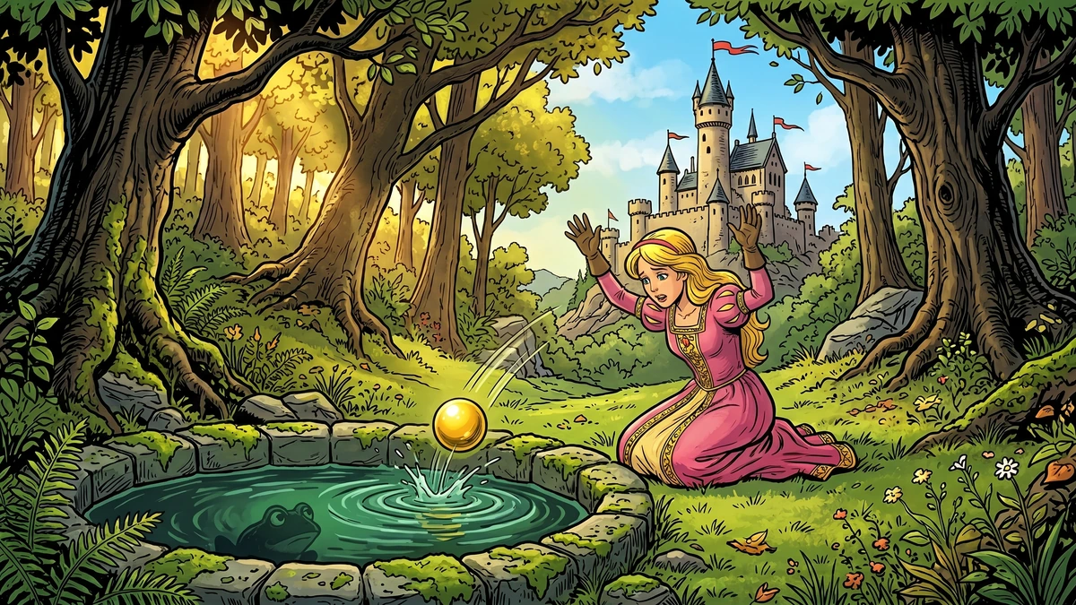 The Frog King Brothers Grimm princess drops golden ball into forest spring