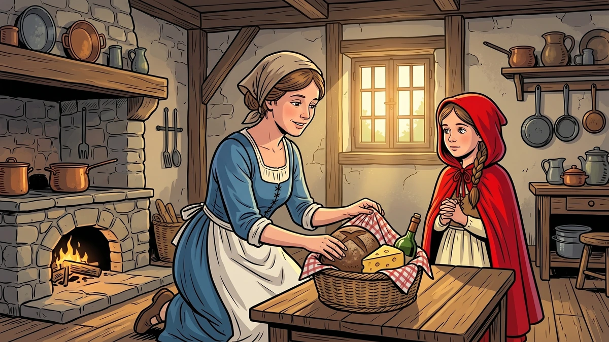Red Riding Hood's mother, in a blue Hessian dirndl, packs bread, cheese and a bottle of wine into a wicker basket as her daughter listens attentively in a German peasant cottage.