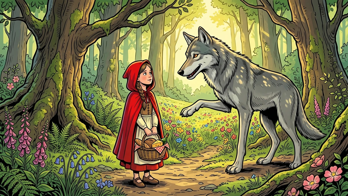 The wolf, standing on its hind paws, bows courteously to Little Red Riding Hood on a forest path between great moss-covered oaks.