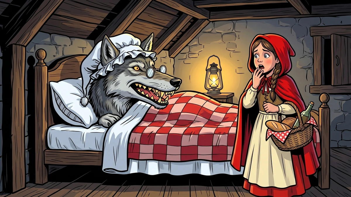 The wolf, disguised in the grandmother's nightcap and reading glasses, bares its teeth from the bed as Little Red Riding Hood realises the danger.