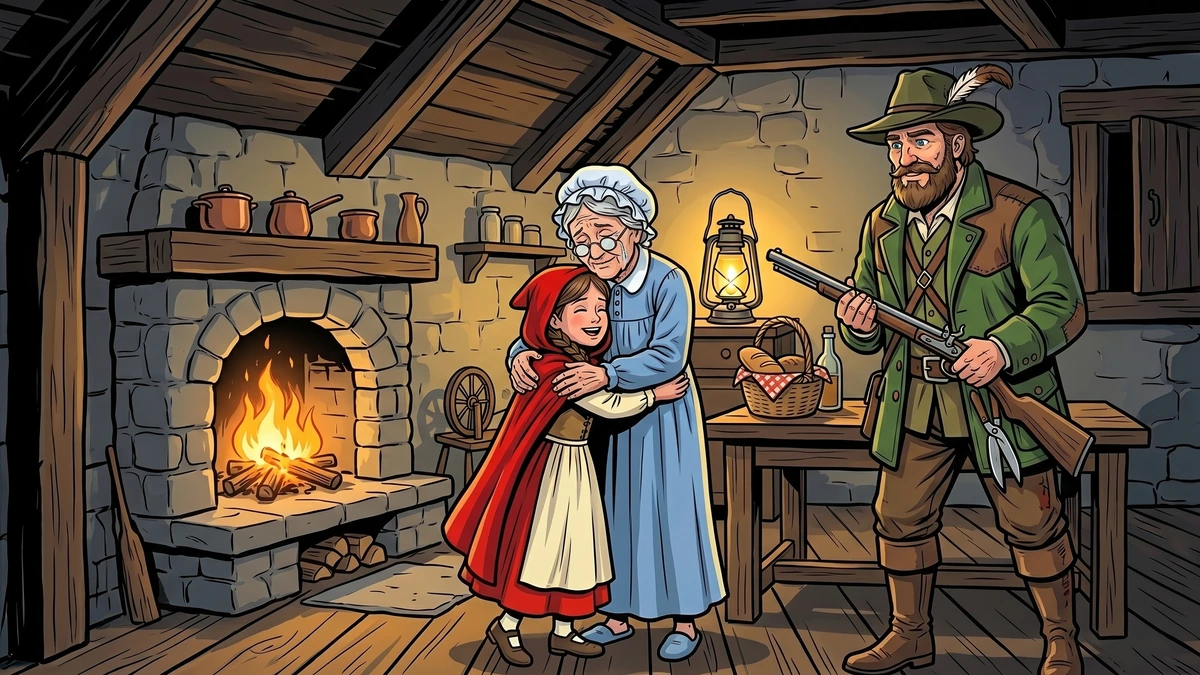 Little Red Riding Hood embraces her grandmother by the fireplace as the bearded German huntsman, leaning on his flintlock rifle, looks on with relief.
