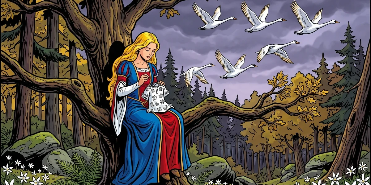The Six Swans Brothers Grimm KHM 49 - princess in oak tree sewing starwort shirts as six white swans fly by in German forest