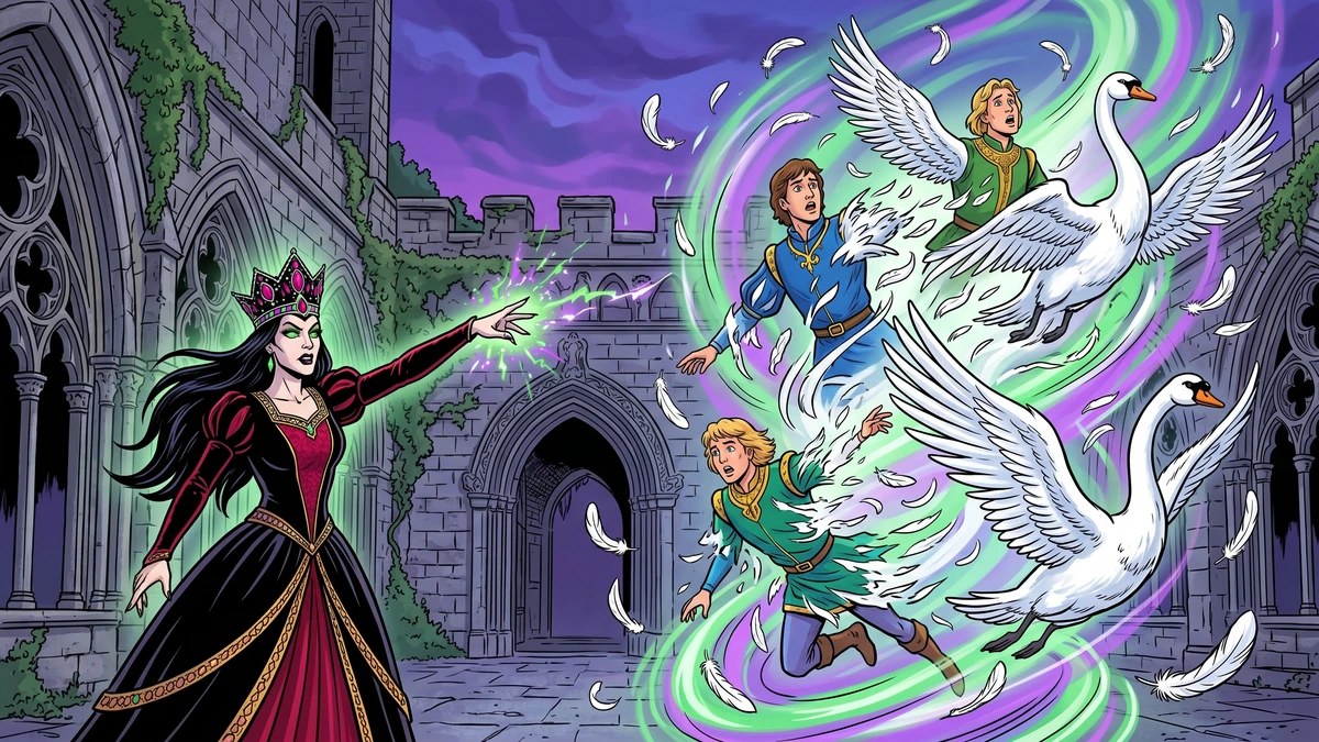 Six Swans KHM 49 - wicked stepmother queen turns six princes into white swans by enchanted shirts