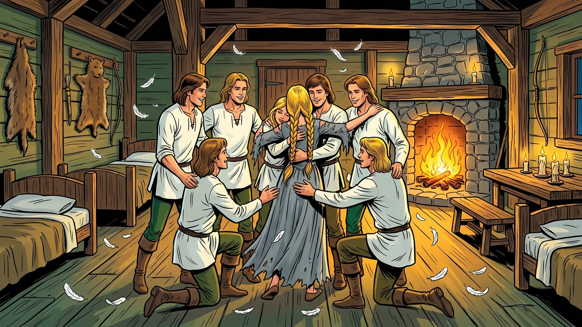 Six Swans KHM 49 - the silent princess reunites with her six swan brothers in the forest hunters cabin