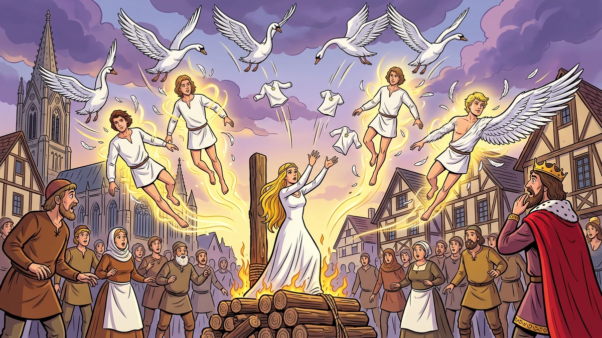 Six Swans KHM 49 - the princess at the pyre throws starwort shirts to the swans transforming back into princes