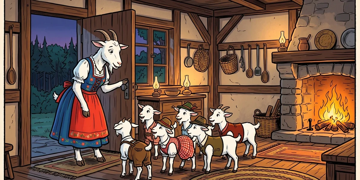 Mother goat with seven young goats in German cottage ACK style