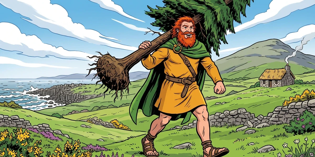 Fin M'Coul, the giant Fenian Irish hero, strides home across the Tyrone countryside with an uprooted fir tree on his shoulder, the basalt Giant's Causeway and Knockmany Hill behind him.