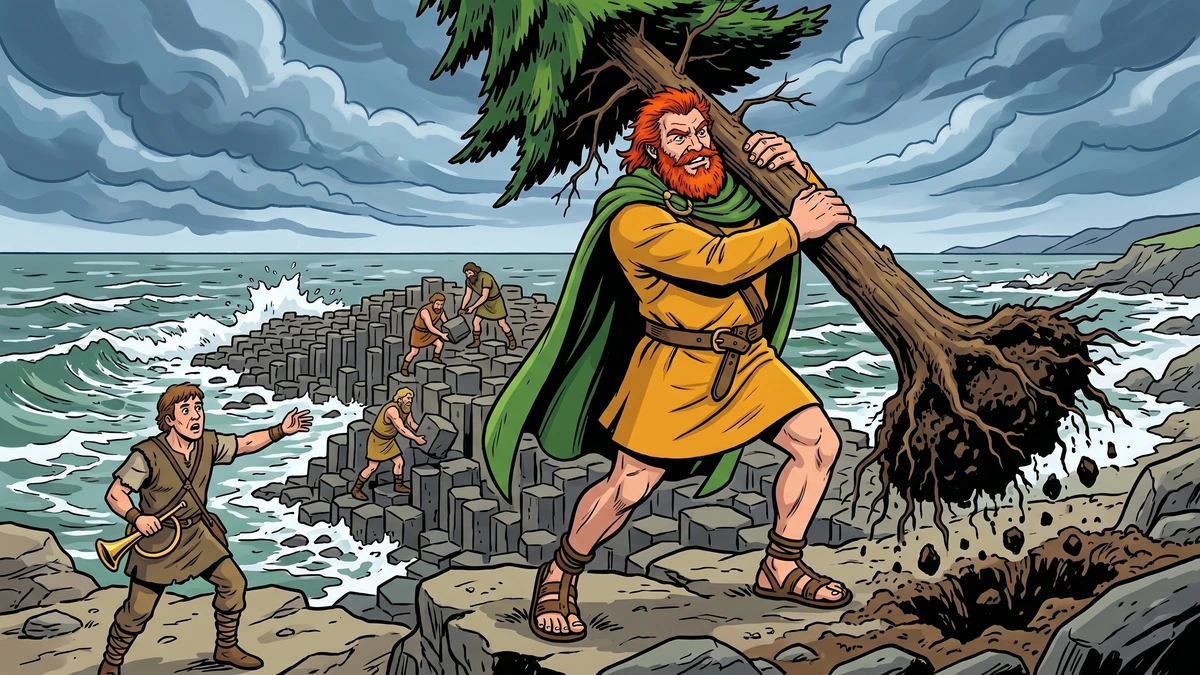 Fin M'Coul tears a great fir tree from the rocky shore of the Giant's Causeway as a messenger arrives with news of Cucullin's approach.