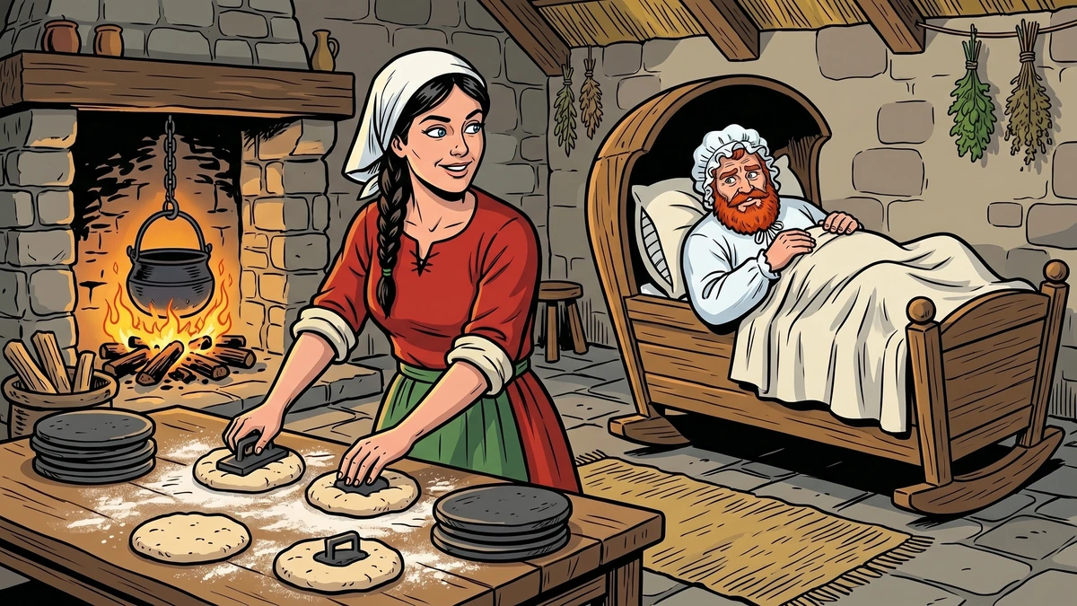 Oonagh, Fin's clever wife, bakes round soda-bread cakes with hidden iron griddle-stones in the heart of each loaf while her giant husband Fin lies disguised as a baby in the cradle, wearing a bonnet.