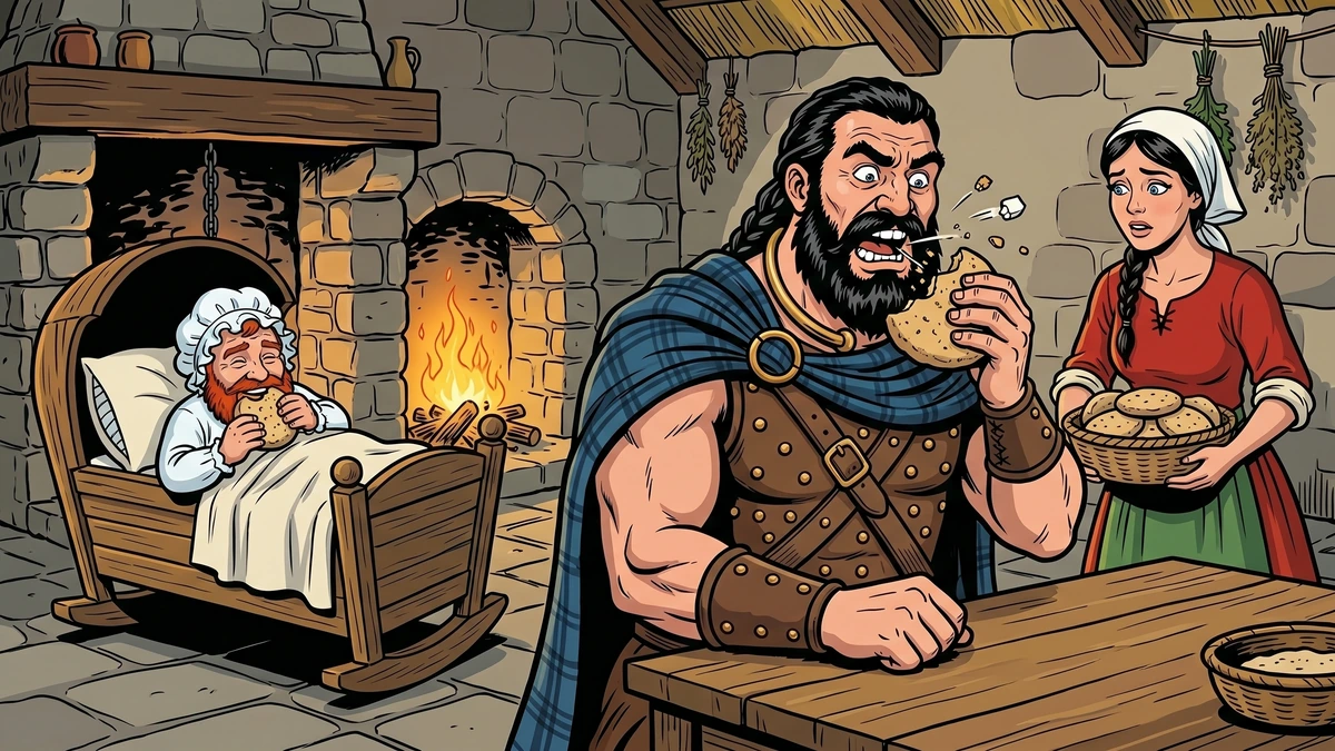 The giant Cucullin, an enormous black-bearded Ulster warrior, bites into Oonagh's iron-stone soda-bread cake and breaks his teeth, while the disguised Fin watches from the cradle and Oonagh innocently offers more cakes.