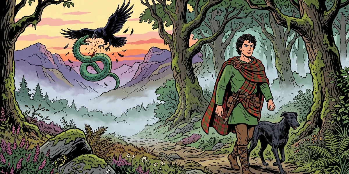 Battle of Birds Cath nan Eun Highland prince walking through misty oak forest at sunrise with hound and the raven serpent battle in the distance Celtic folk tale ACK style