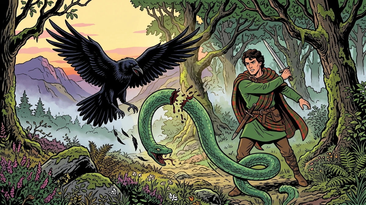 Highland prince severs the serpents head as the great black raven flares its wings free in a sunlit Hebridean oak clearing Cath nan Eun scene 1