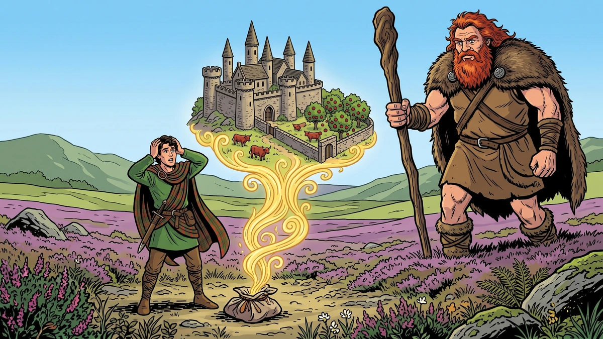 The forbidden bundle opens on a Highland moor and a seven-towered Celtic castle pours forth as the bracken-bearded giant arrives Cath nan Eun scene 2