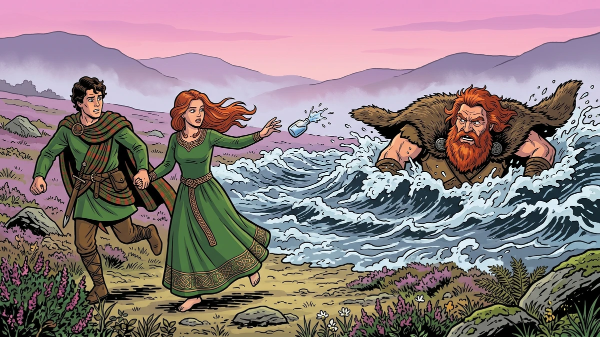 The magic flight Auburn Mary throws the flask of cold water and a salt river drowns the pursuing giant as she and Iain run Cath nan Eun scene 4