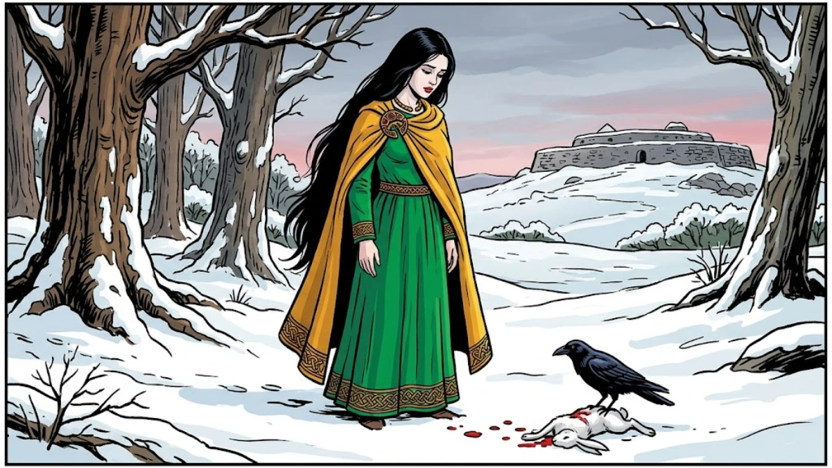 Deirdre - Celtic Irish folk tale - young woman in winter forest with raven and snow