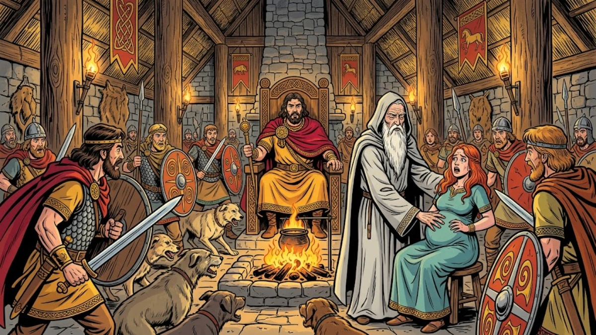 Cathbad the druid lays his hand on Fedlimid's pregnant wife in King Conchobar's hall at Emain Macha to prophesy the birth of Deirdre