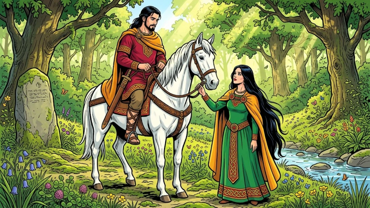 Young Deirdre meets the warrior Naoise of Usnach in a summer oak clearing in Ulster