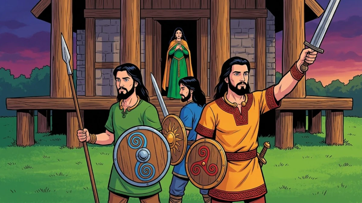 The three Sons of Usnach - Naoise Ardan and Ainnle - stand heroically before the Red Branch hall of Emain Macha while Deirdre watches from the platform