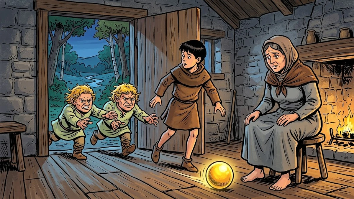 Welsh boy drops golden ball as two fair-haired pigmies lunge forward at cottage doorway, mother by hearth, comic-book illustration