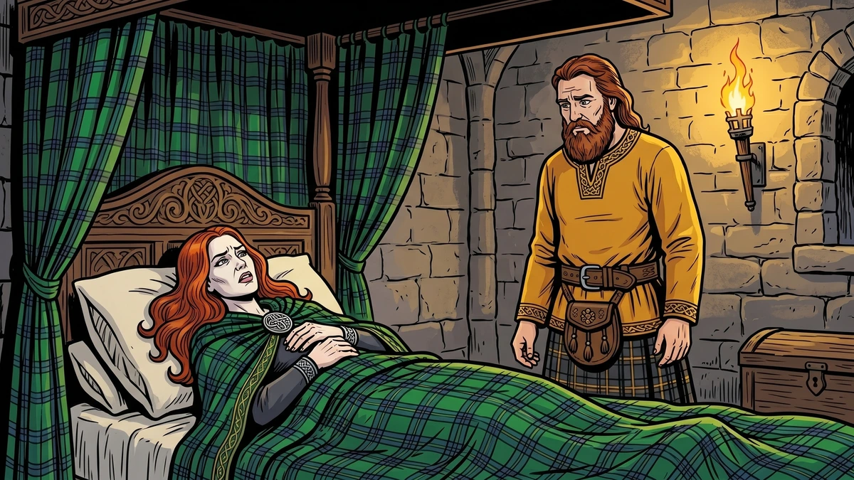 Queen Silver-Tree feigns illness on her tartan canopied bed as the worried Highland king looks on