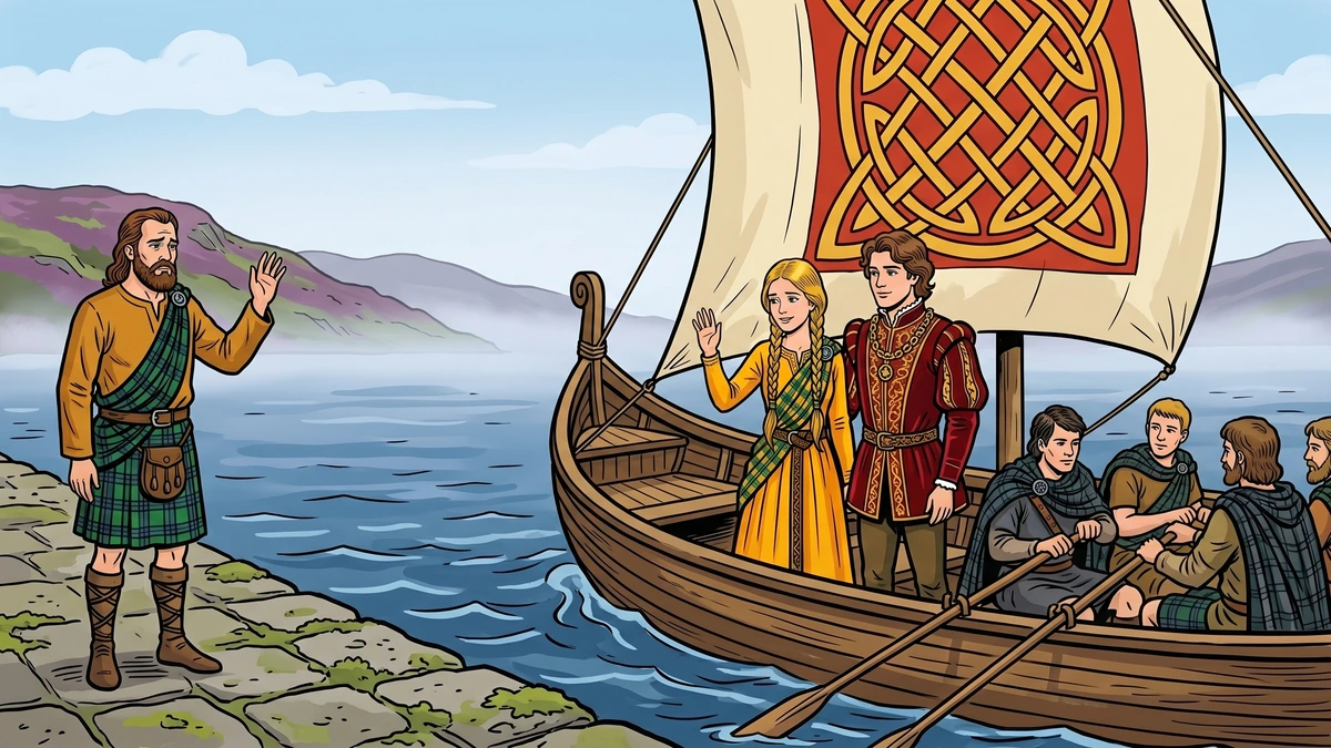 Princess Gold-Tree sails away from the Highland harbour with her foreign prince in a Celtic-knot sail galley
