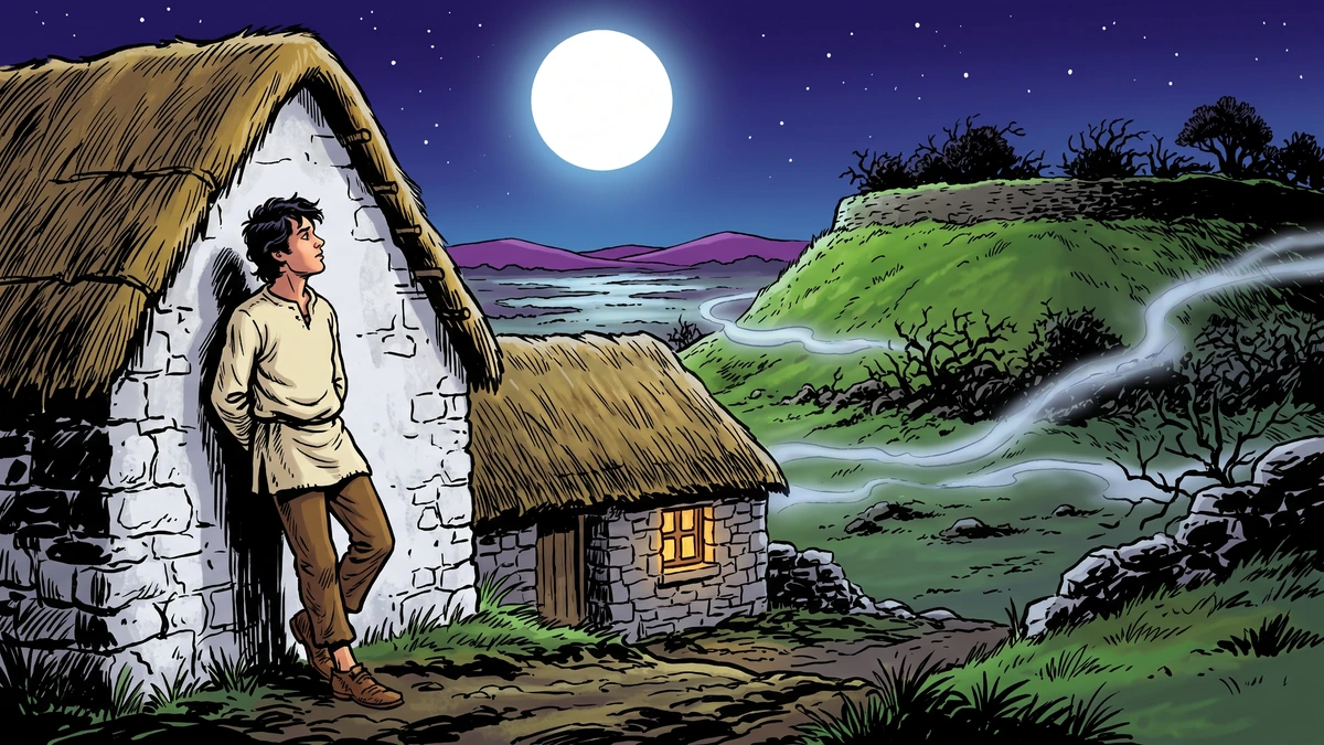 Guleesh leaning at the gable, gazing at the white moon over the rath — illustrated in classic ACK style.