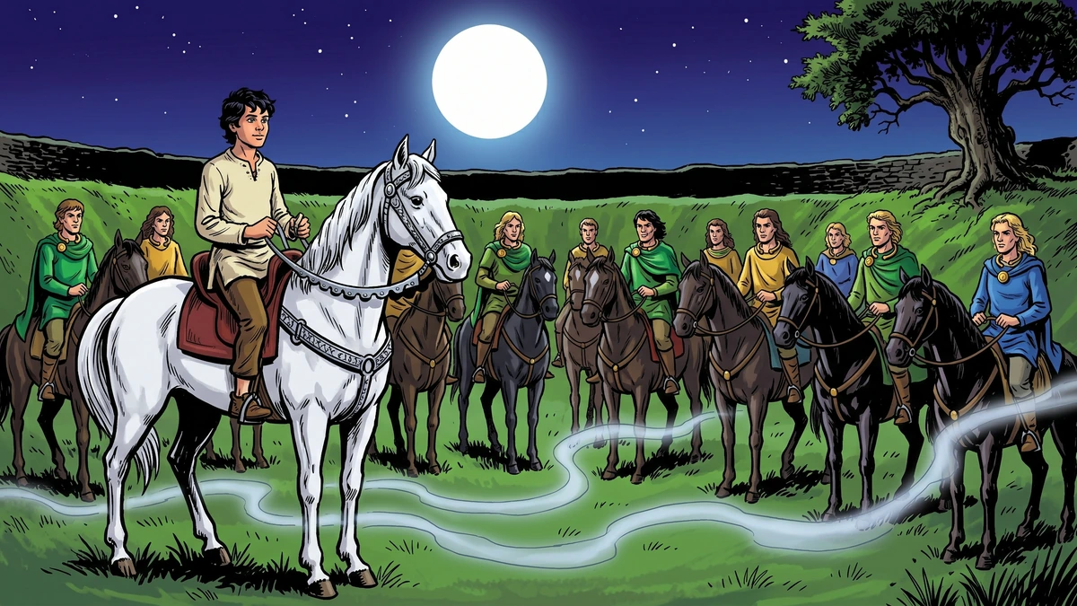 Guleesh on the white fairy horse among the mounted Sídhe inside the green ringfort.