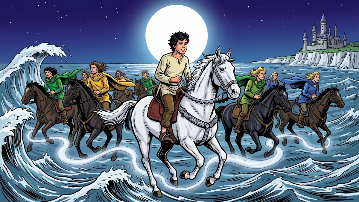 The fairy host gallops over the moonlit Channel toward the French shore.