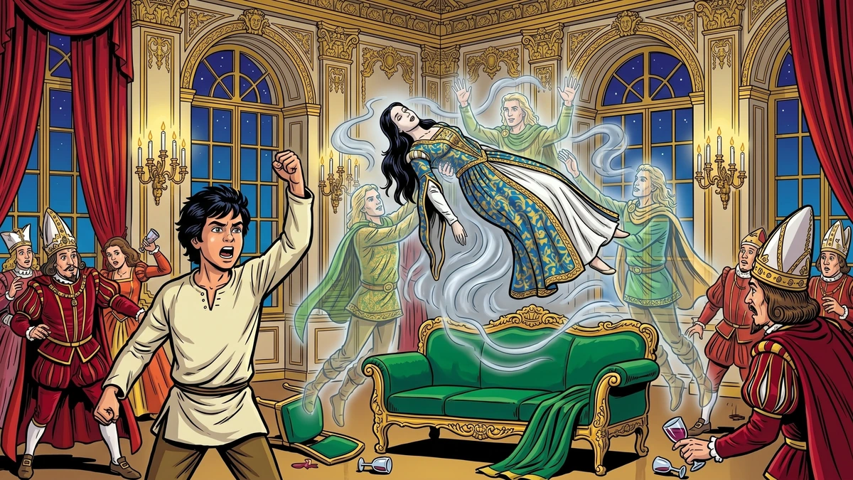 Guleesh shouts in the French ballroom; the Sídhe lift the silent princess.