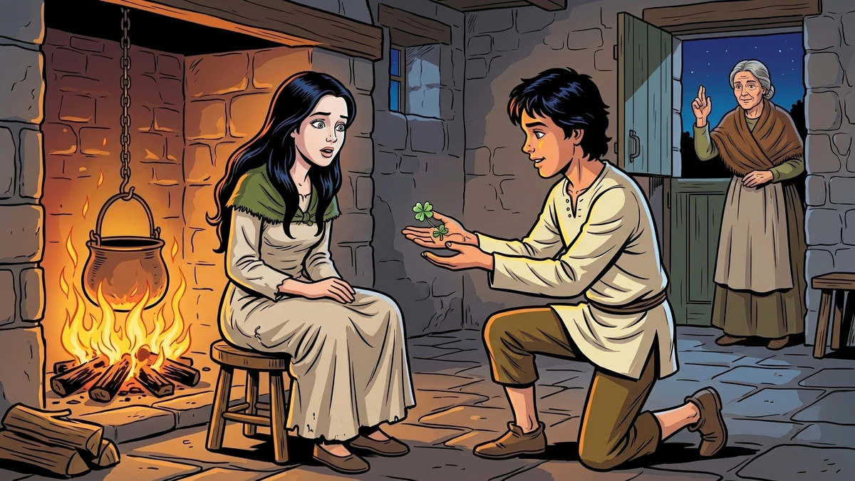 Guleesh offering the four-leaved Mary-shamrock to the silent princess by the turf fire.