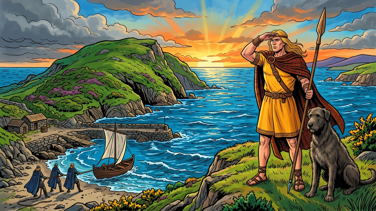 Fionn mac Cumhaill on the Hill of Howth watching three Heroes from the King of the Big Men arrive in their magic boat - ACK Celtic illustration