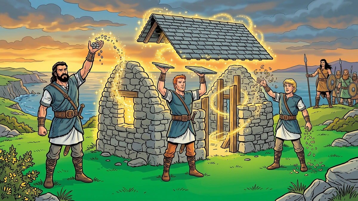 Three Heroes magic-build a stone cottage on the Hill of Howth meadow