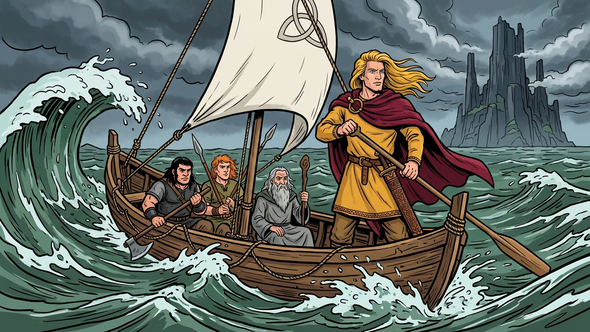 Fionn mac Cumhaill steers the magic boat west to the Kingdom of the Big Men