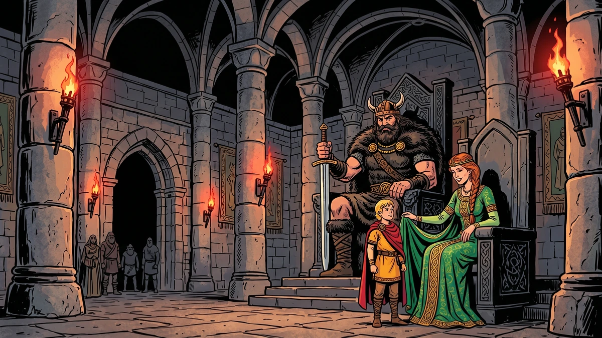The Queen of the Big Men hides Fin under her green cloak in the giant kings hall