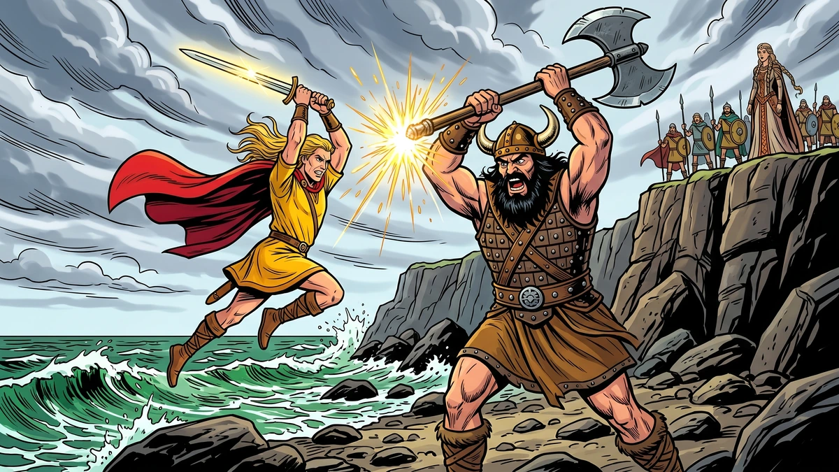 Fionn mac Cumhaill defeats the giant champion in single combat with sword Mac an Luin