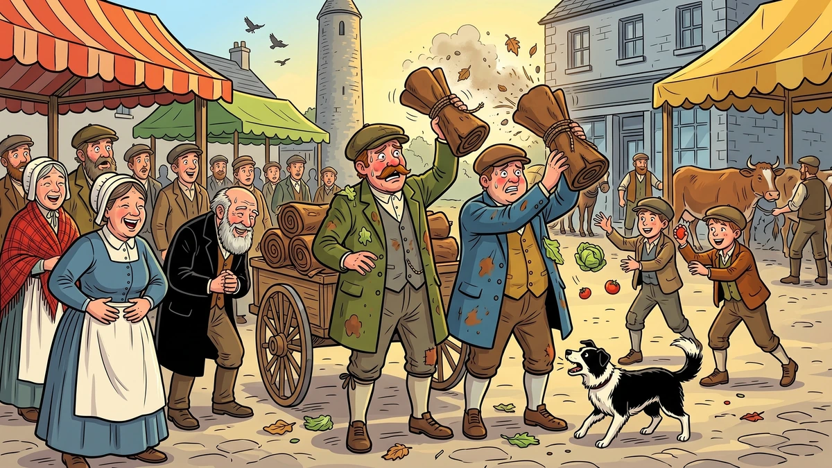 Hudden and Dudden humiliated and pelted with rotten cabbages at Wexford fair when their dead cow hides won't ring with silver