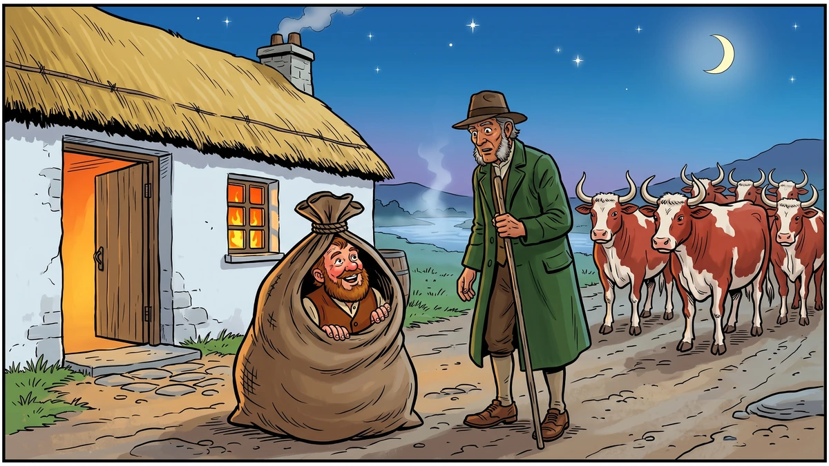 Donald O'Neary singing from inside the burlap sack outside the shebeen as Conn the cattle-drover stands amazed with his red bullocks